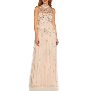 Adrianna Papell Sleeveless Halter Neck Beaded Mesh Keyhole Back Detail